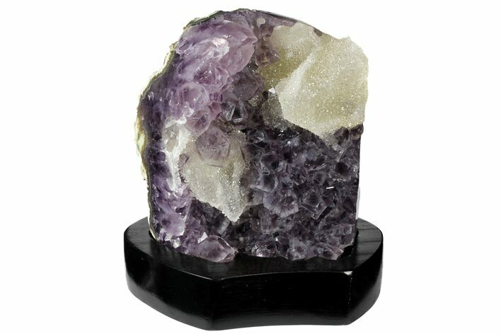 Tall, Amethyst Cluster With Calcite Crystals - Wood Base #121259